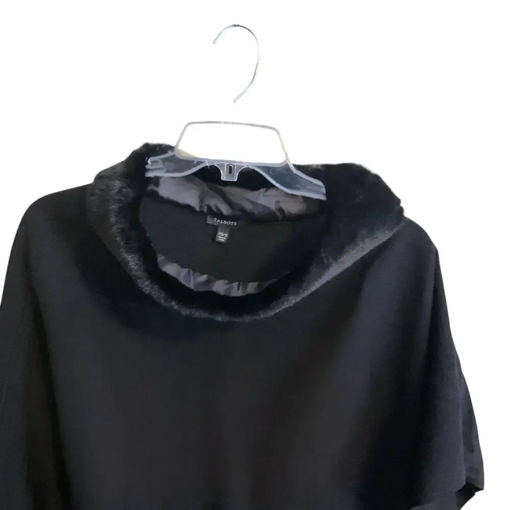 Talbots Black Faux Fur Trim Asymmetrical Hem Cape Poncho Women XS/S Formal Wear - Picture 7 of 14